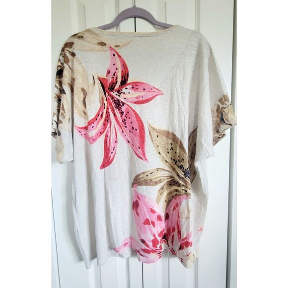Chico's 4 Linen Top Tan Pink Floral Shirt Relaxed Fit Paradise Size 1X SS‎ - Picture 2 of 8